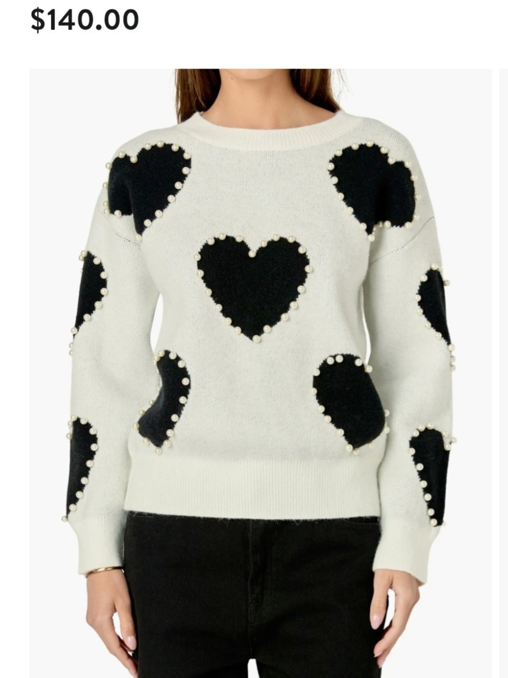 English Factory Cream Crewneck Sweater with Pink Pearl-Trim Hearts